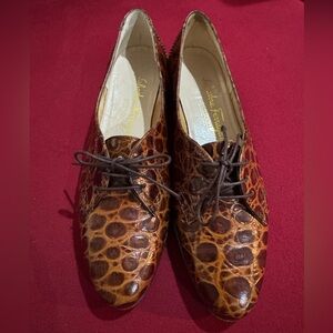 Salvatore Ferragamo Vintage Tan Croc-Patterned Oxfords